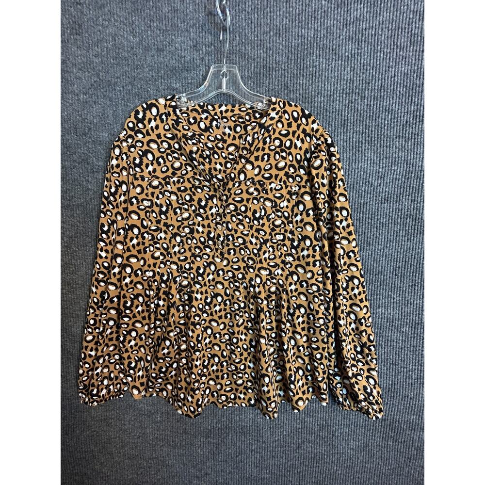 Kim Rogers Women's XL Leopard Print Henley Tunic Top Long Sleeve Brown/Black